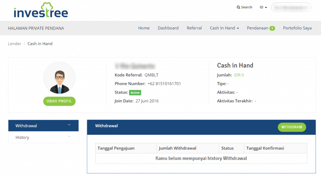Dashboard Investor di Investree