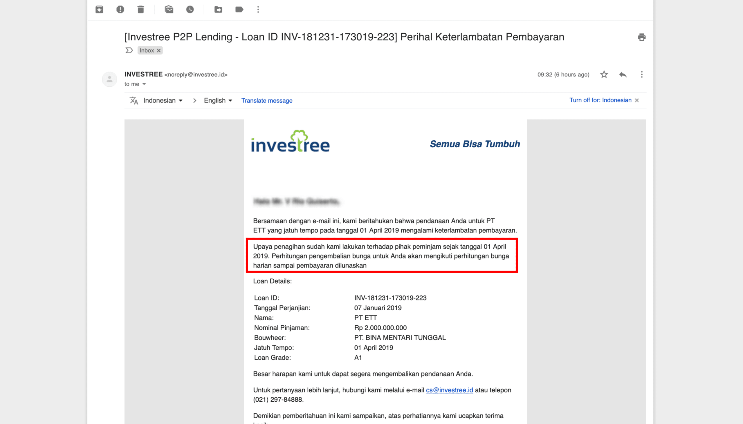 Email Pemberitahuan Investasi Terlambat Dibayar Investree