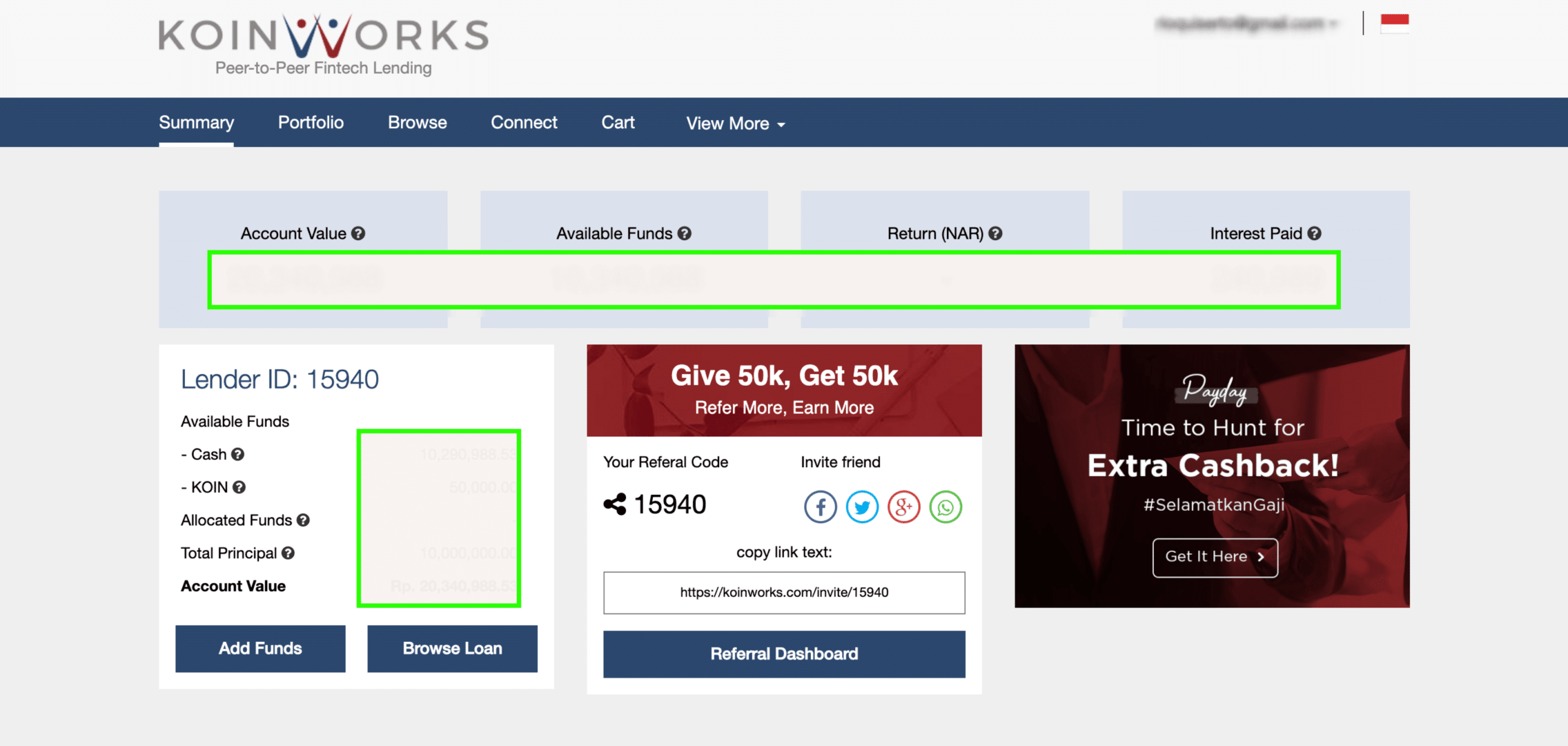 Dashboard Investasi P2P Koinworks