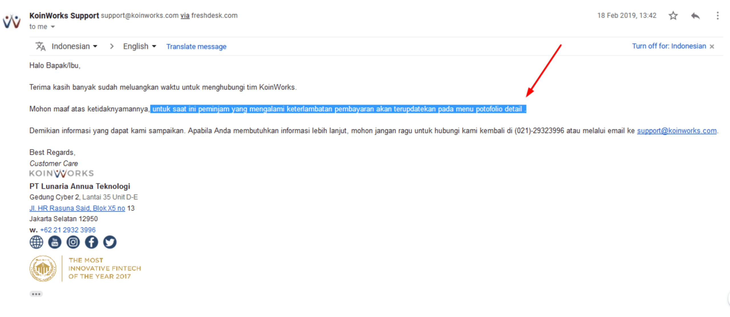 Jawaban Email CS Koinworks Investasi Terlambat