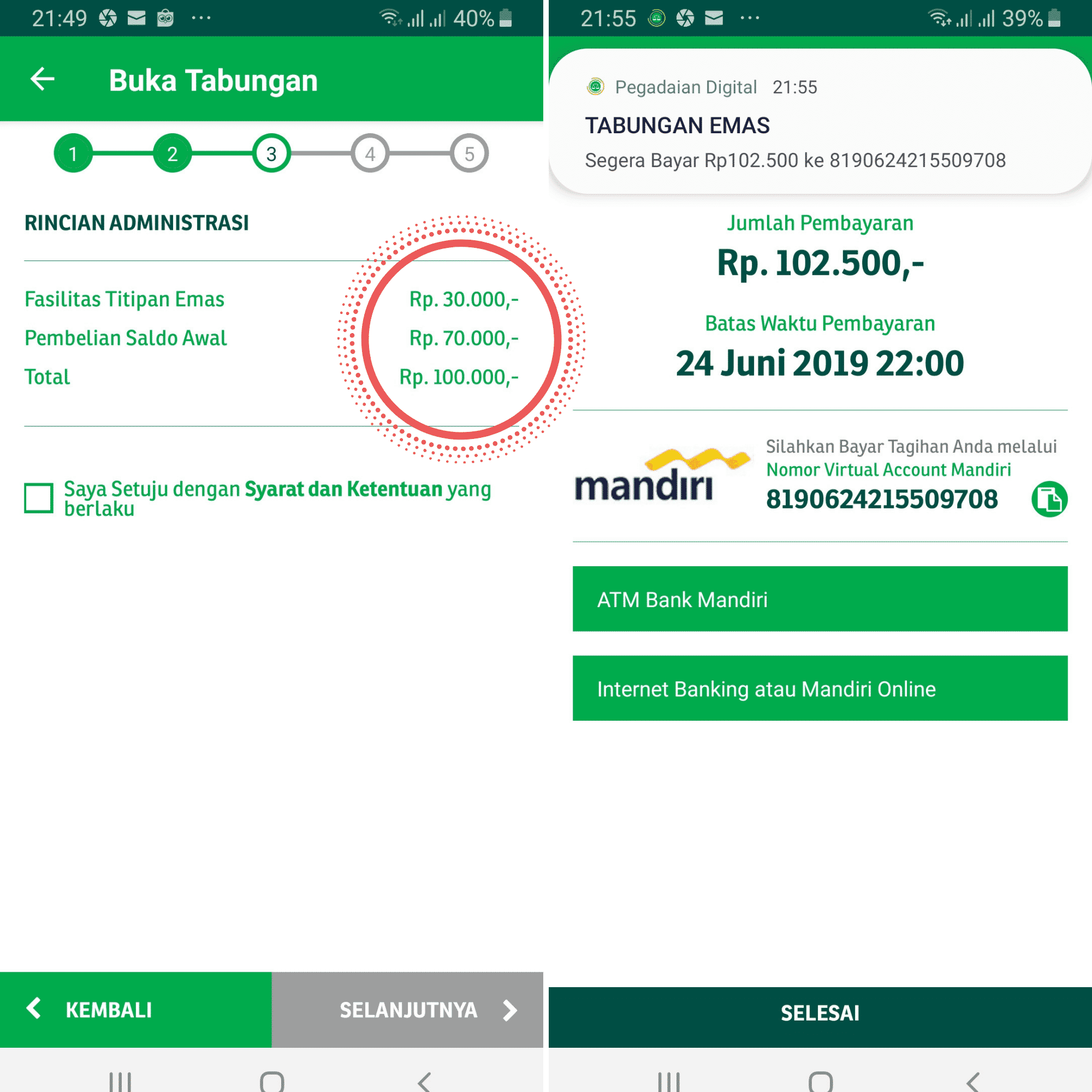 Pembayaran Biaya Buka Tabungan Emas