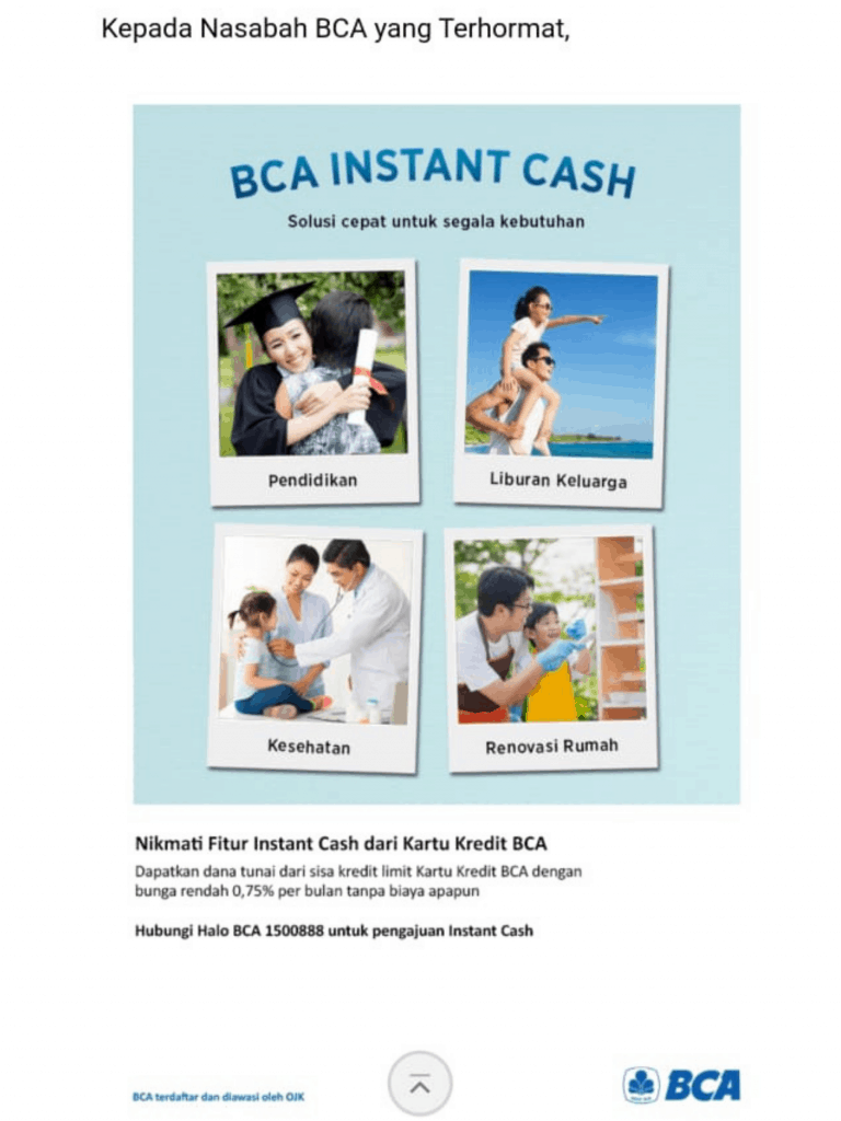 Instant Cash BCA Kartu Kredit. Bunga 0,75%