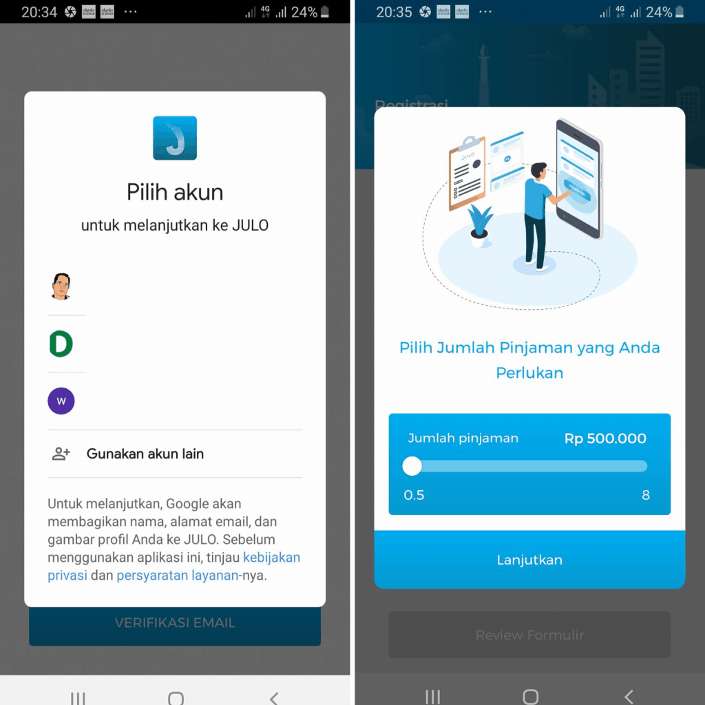 Akun Connect ke Julo dan Jumlah Pinjaman