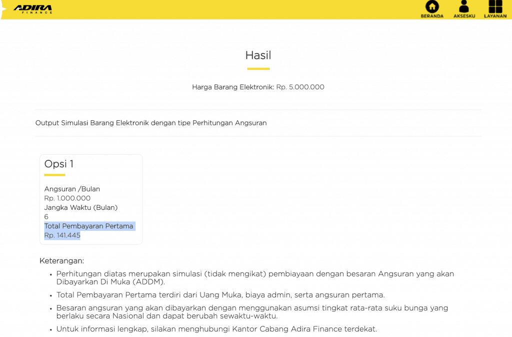 Simulasi Kredit HP Online Adira Finance