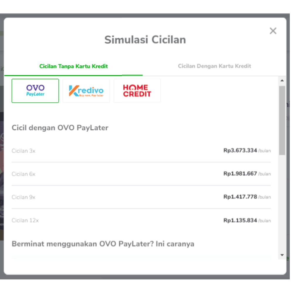 Simulasi Cicilan OVO PayLater di Tokopedia
