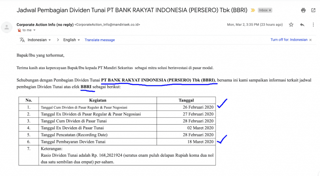 Jadwal Dividen Tunai BBRI 2020