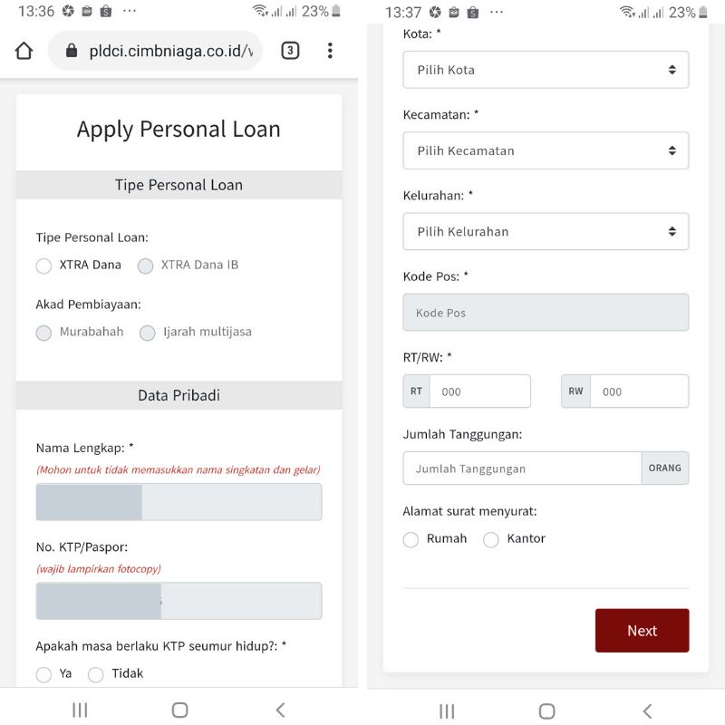 Pengisian Data Pribadi KTA Online Cimb Niaga