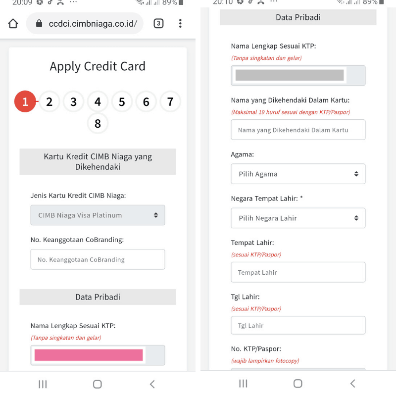 Pilih Kartu dan Isi Data Pribadi