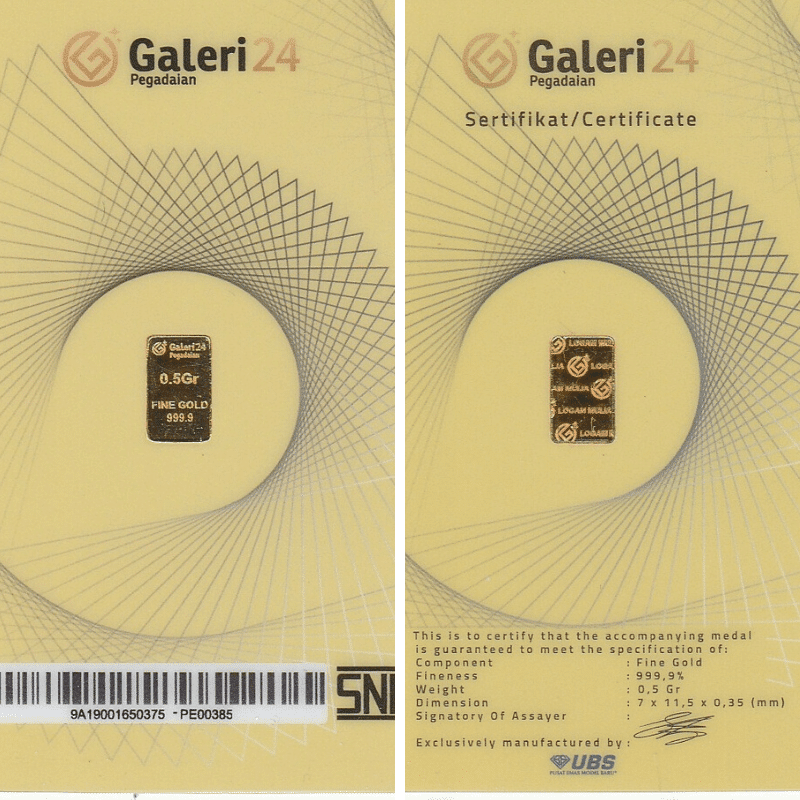 Logam Mulia 0,5 Gram dan Sertifikat Asli Galeri 24