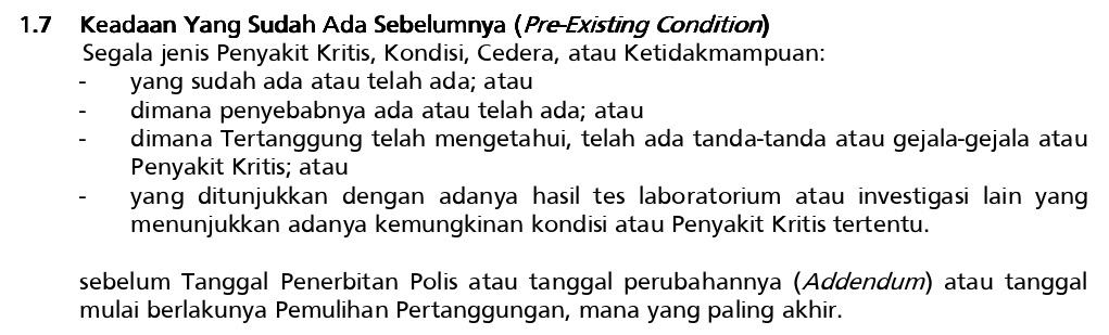 Pre Existing Condition Polis Asuransi Penyakit Kritis