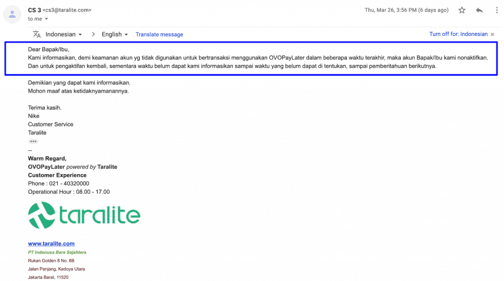 Jawaban CS OVO Paylater soal Pembekuan