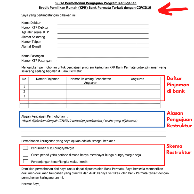 Surat Permohonan Restrukturisasi KPR Bank Pandemi Covid-19