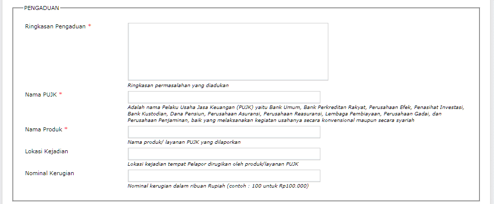 Form Pengaduan OJK Ringkasan Pengaduan