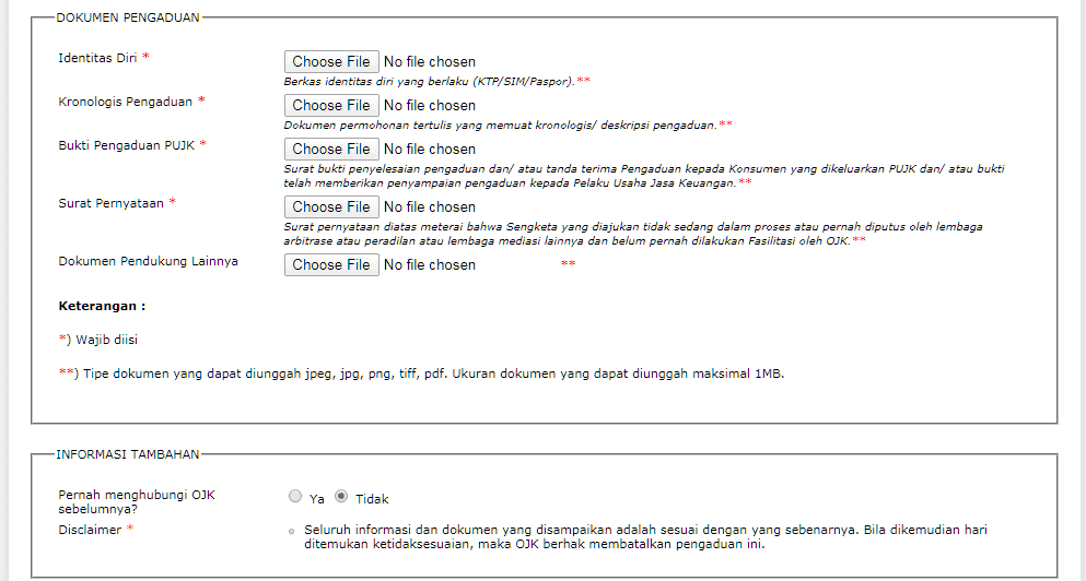 Form Pengaduan OJK Dokumen Pengaduan