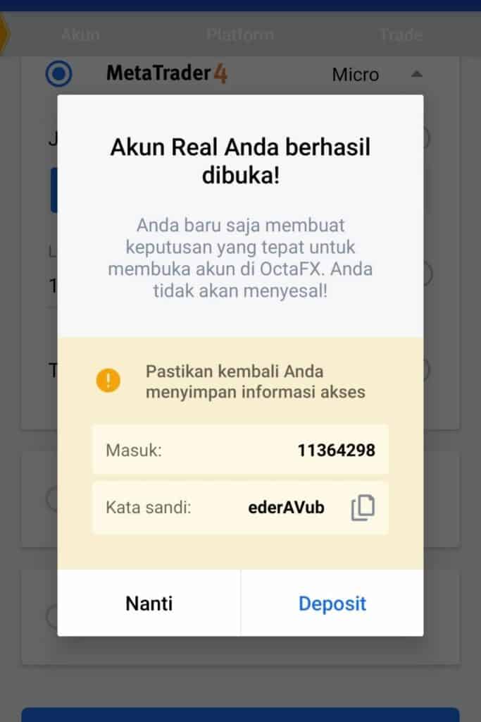 Akun Berhasil Aplikasi OctaFx Broker Forex