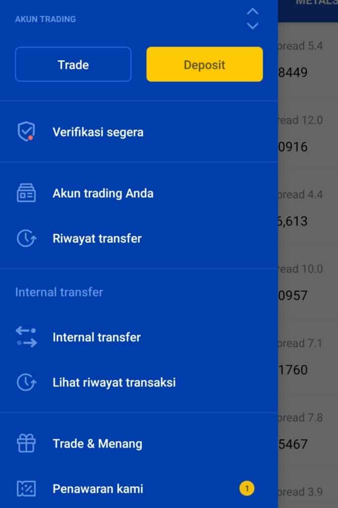 Dashboard Aplikasi OctaFx Broker Forex