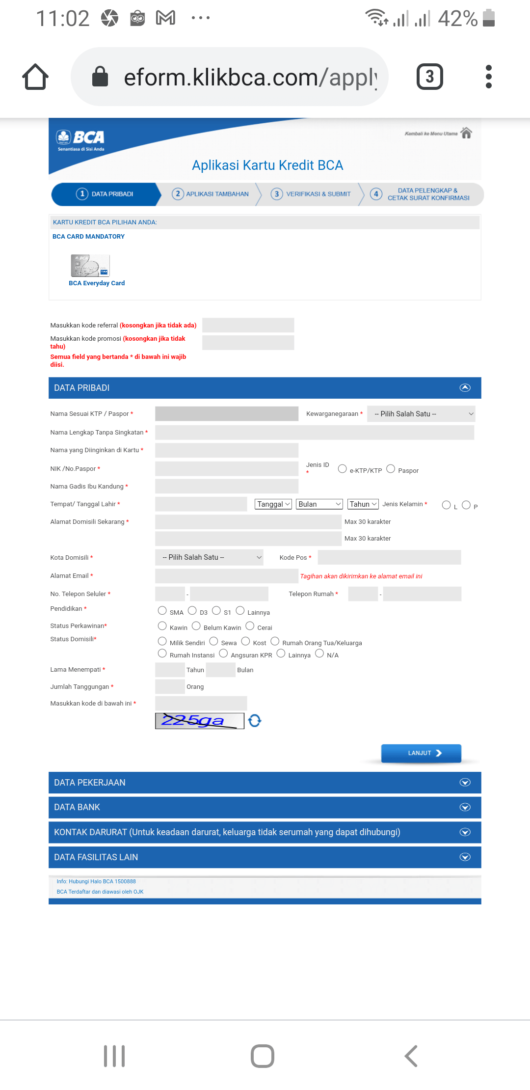Isi Data Aplikasi KK BCA