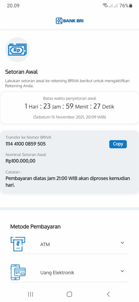 Saldo Awal Buka Rekening ATM BRI Online