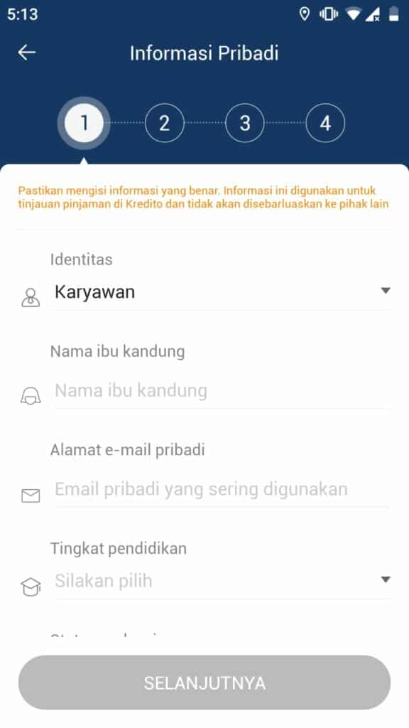 Isi data pribadi Kredito 2.1
