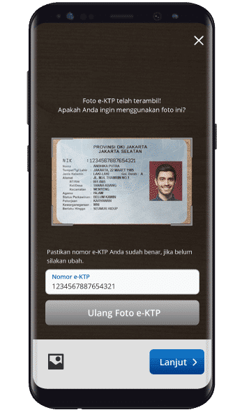 Pastikan foto eKTP sudah jelas dan nomor eKTP sudah benar lalu klik Lanjut