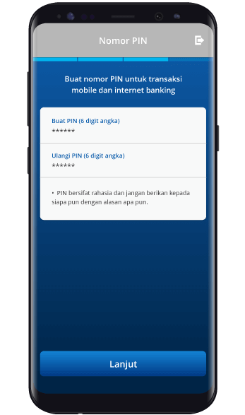 Buat dan ulangi PIN untuk aktivasi mobile dan internet banking.